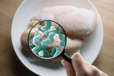 Illustration av tallrik med kyckling samt förstoringsglas som visar campylobacter.
