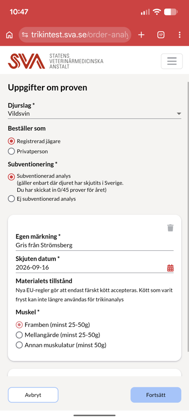 Provregistrering i appen.