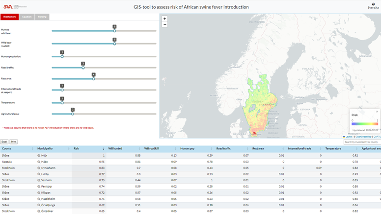 A screen pic with a preview of the GIS tool made to assess risk of African Swine Fever introduction. 