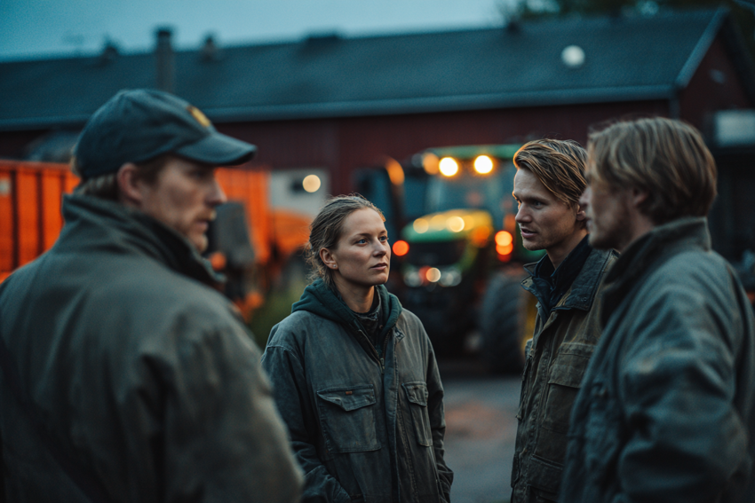 Personal står samlad i en grupp och diskuterar i halvmörker på en gårdsplan med en traktor i bakgrunden.