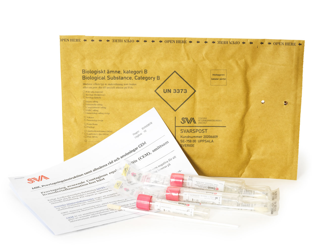 Svarskuvert "Biologiskt ämne" till SVA med tre svabbar och rör.