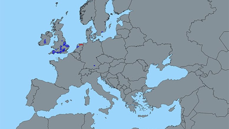 Årets situation: 1 januari 2018–1 mars 2018. Röd = fjäderfä. Blå = vilda fåglar. Källa: EU:s sjukdomsrapporteringssystem ADNS