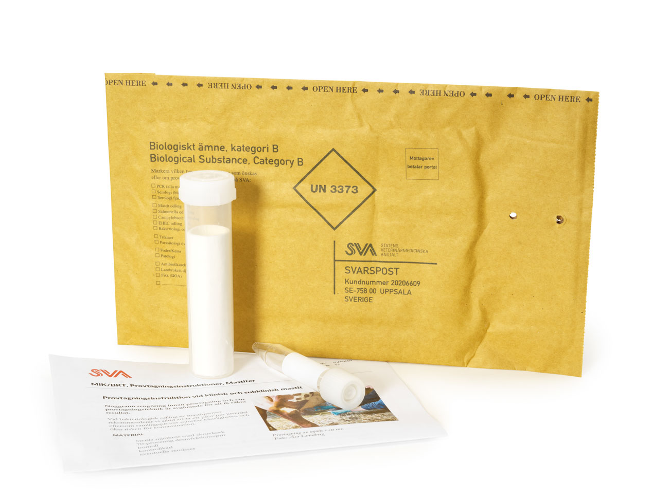 Svarskuvert "Biologiskt ämne" till SVA medprovtagningsinstruktion och rör.