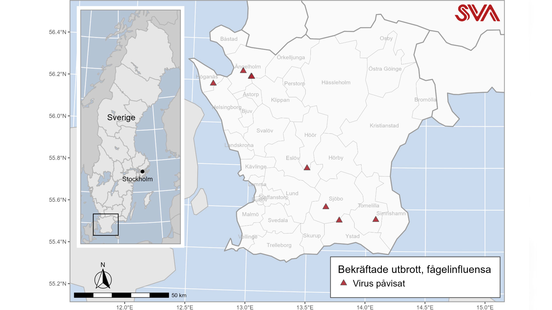 På en karta över Skåne finnas sju röda trianglar utspridda. 