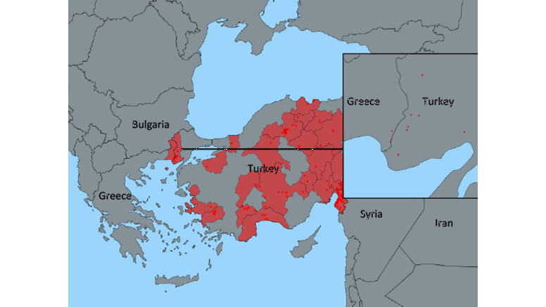 Bild 2: Rapporterade utbrott av lumpy skin disease i Europa och Turkiet under 2015. Röda prickar markerar utbrotten och rosa fält infekterade områden. Infälld karta visar utbrott vid EU:s gräns.