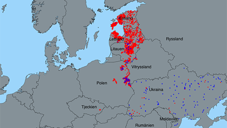 Fall av afrikansk svinpest rapporterade till EU:s sjukdomsrapporteringssystem ADNS 1 januari–21 december 2017. Röda prickar anger sjukdomsfall på vildsvin och blå prickar anger utbrott på tamgris. OBS: Sjukdomen förekommer också i Ryssland och Moldavien, men de rapporterar inte till ADNS. Situationen i Vitryssland är i dagsläget okänd.