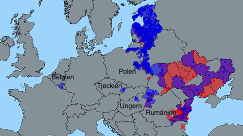 Karta över rapporterade fall av afrikansk svinpest hos vildsvin (blå prickar) och utbrott hos gris (röda prickar) inom EU och Ukraina under 2018. Källa: EU:s sjukdomsrapporteringssystem ADNS