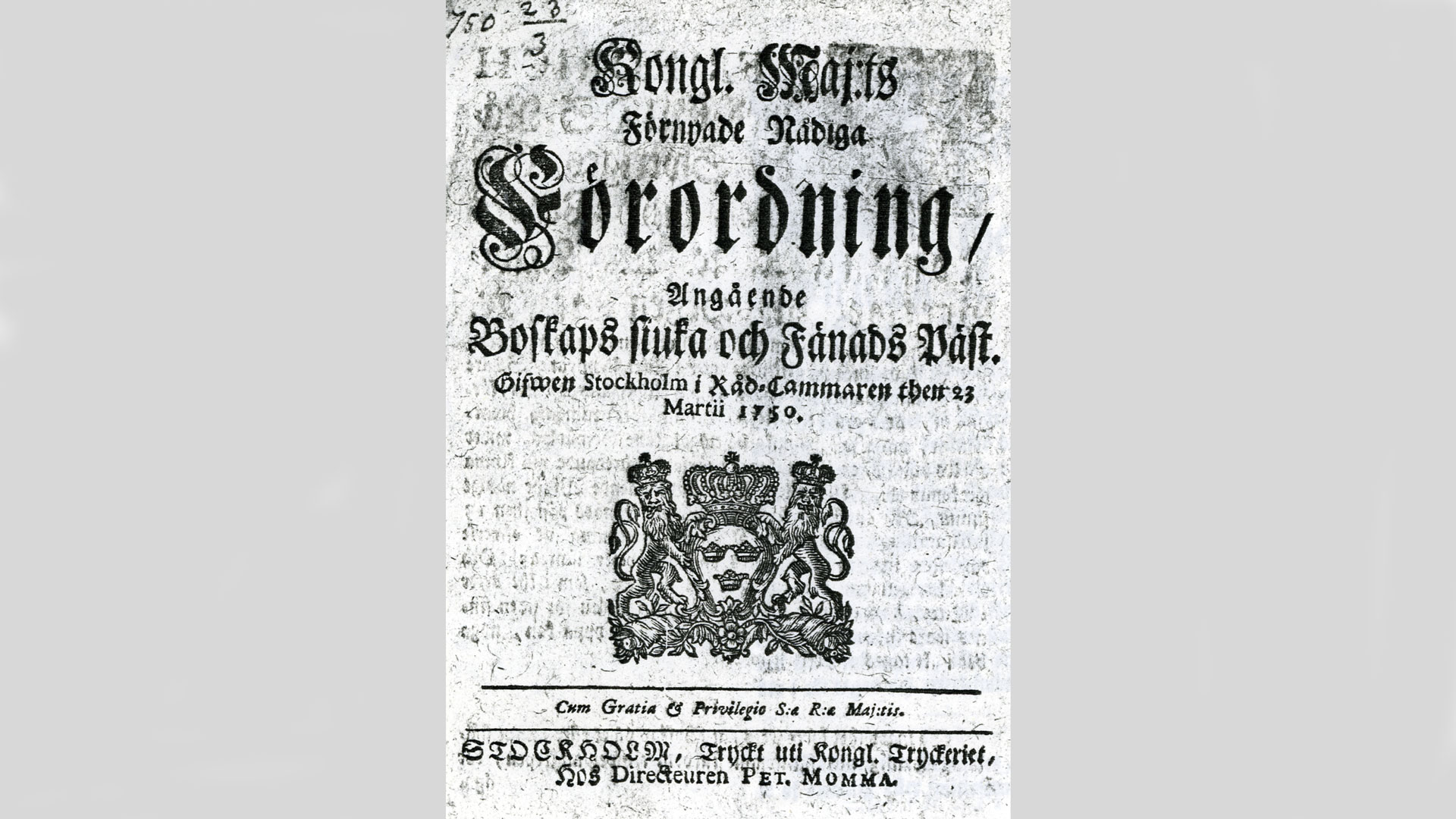 Försättsblad från skrivelse daterad 1750. 