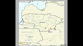 Litauen har ett utbrott av afrikansk svinpest. Kartan visar de platser där de konstaterade fallen påträffats. Karta: OIE