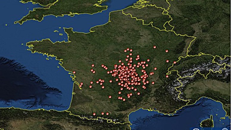 Rapporterade fall av bluetongue hos nötkreatur och får i Frankrike mellan september 2015 och juli 2016. Källa: FAO-EMPRES