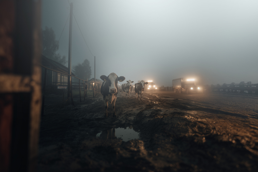 Kor och mjölkbilar på gård