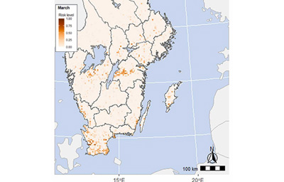 Ett utsnitt av en kartbild över Sverige med ett större antal markeringar.