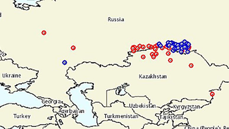 Karta över Ryssland och Kazakstan
