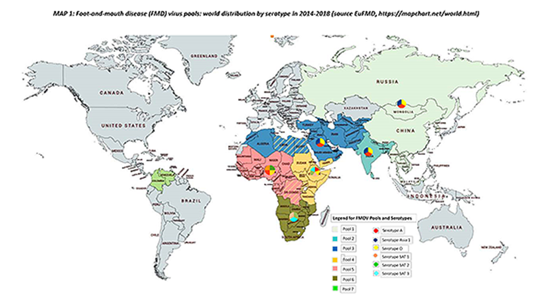 Global utbredning av mul- och klövsjuka 2014-2018. 