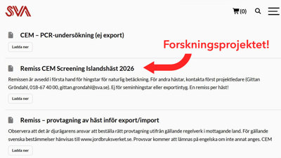 Skärmdump från SVA:s webbsida där tre olika remisser för CEM kan laddas ned, pil mot en.