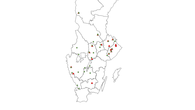 Rapporterade fall av småfågeldöd januari-14 mars (grön ring)
Påvisade salmonellasmittade fåglar januari-14 mars (röd trangel)