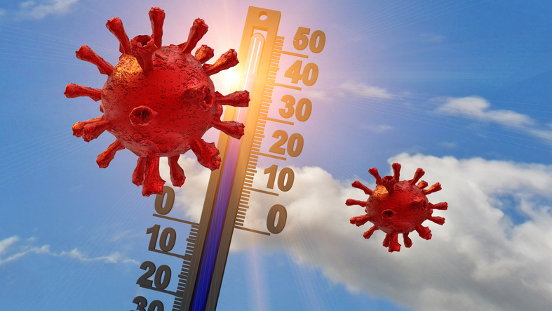 Röda cocronavirus och en termometer som visar stigande temperatur ses mot en blå sommarhimmel.