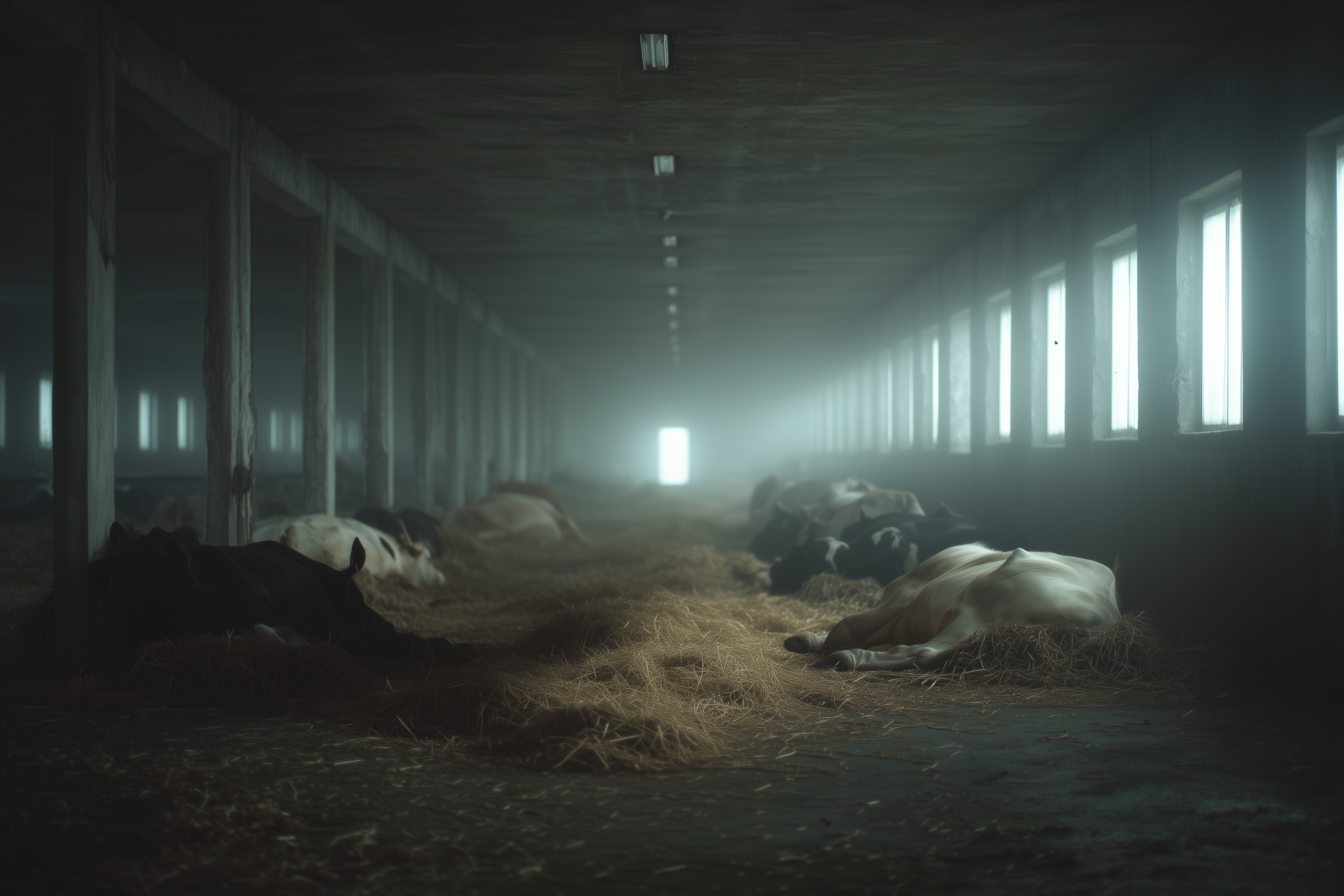 Döda kor på ladugårdsgolv