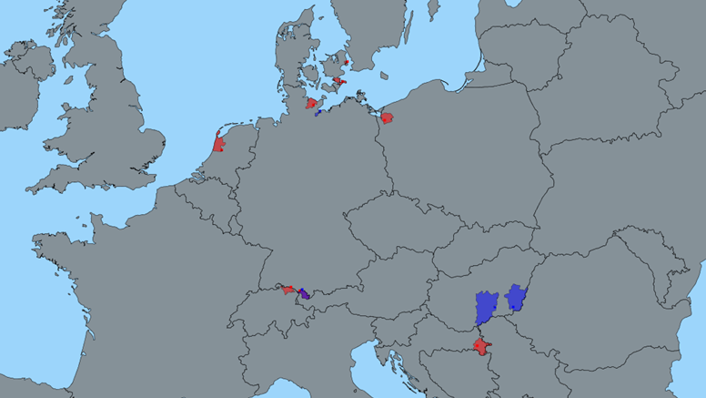 Karta: Rapporterade utbrott av fågelinfluensa H5N8 hos vilda fåglar (i rött) och fjäderfä (i blått) mellan 3-11 november 2016. Källa: EU:s sjukdomsrapporteringsdatabas ADNS