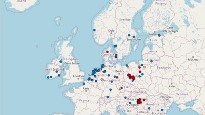 Karta över Europa med blå, orangea samt röda prickar utplacerade.