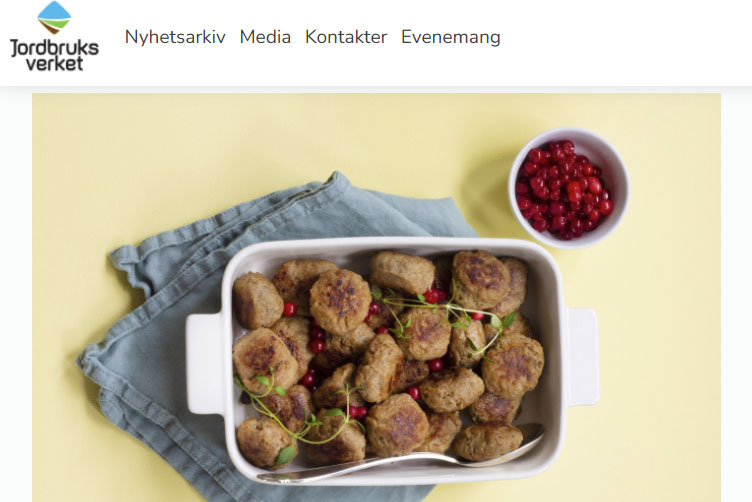 Pressmeddelande från Jordbruksverket med bild av köttbullar i uppläggningsfat.