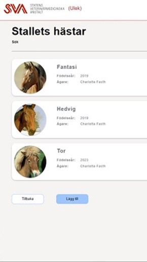 Hantering av hästar i appen